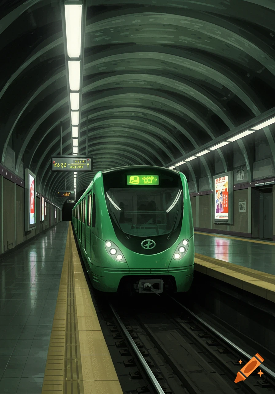 A green subway train with a rounded front sits on the tracks in a dimly lit underground station.