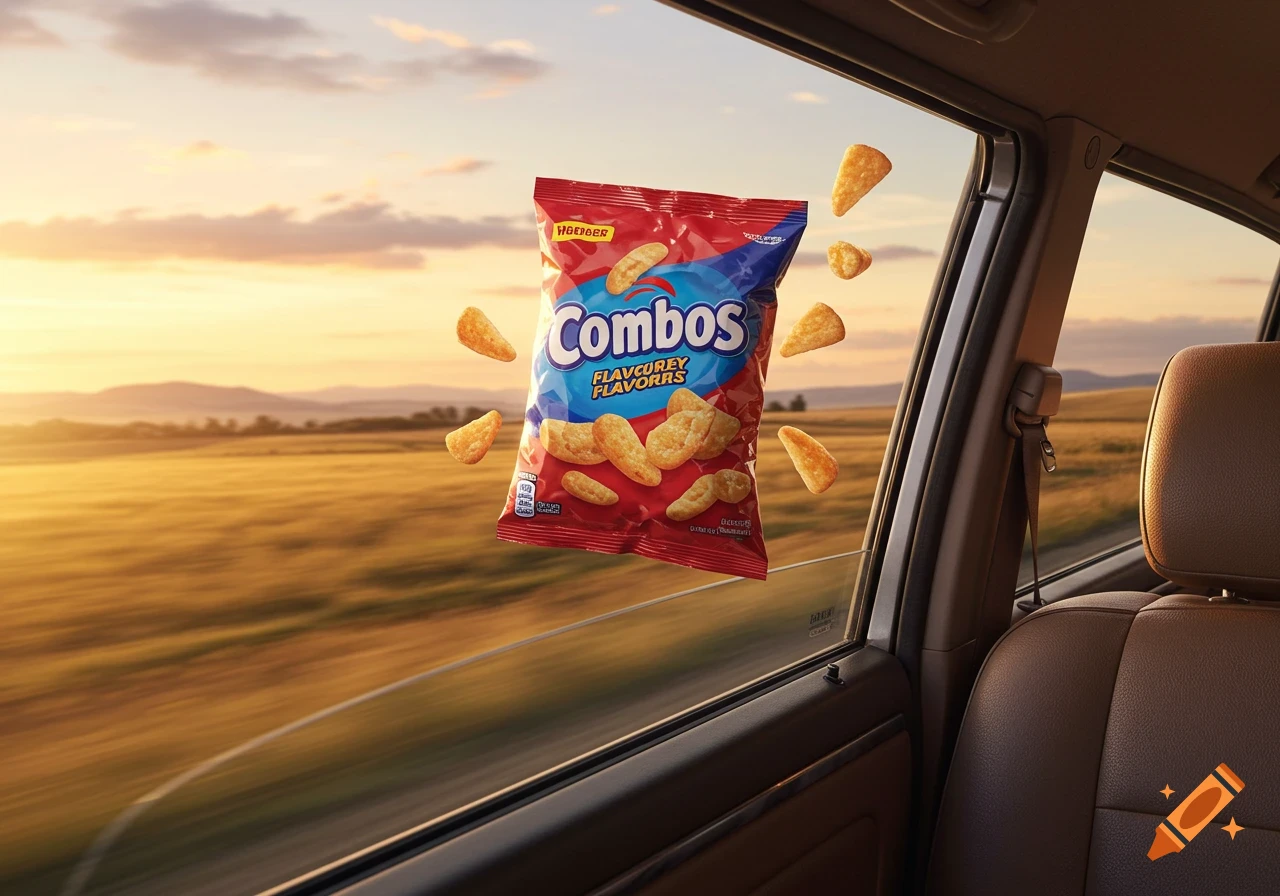 A red bag of Combos chips and several loose chips float outside the window of a moving car, with a golden field and sunset sky in the background.