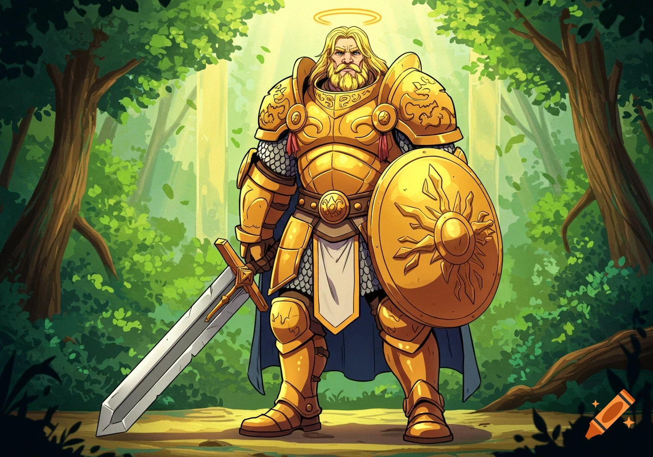 A thick cartoon paladin with blonde hair, golden armor, a sword, shield, and halo stands in a forest.