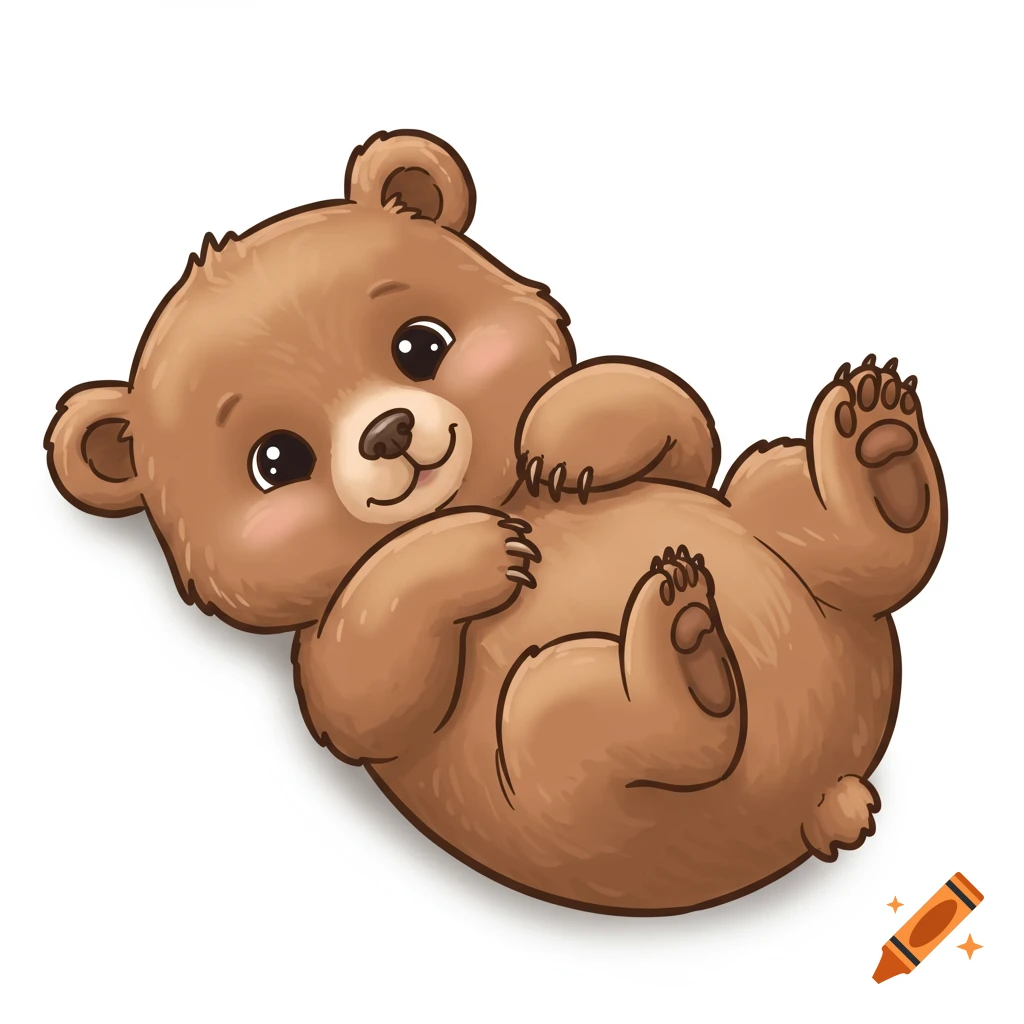 Cute brown cartoon baby bear lying on its back, smiling, on a white background.