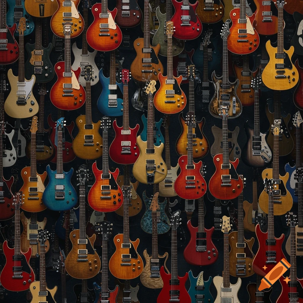 An overhead view of a large collection of colorful electric guitars, all closely packed together.