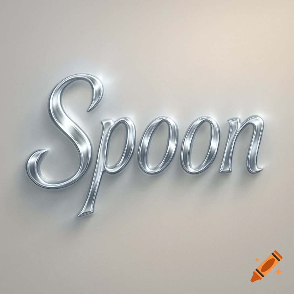The word "Spoon" rendered in shiny, reflective silver 3D text with a soft shadow on a light background.