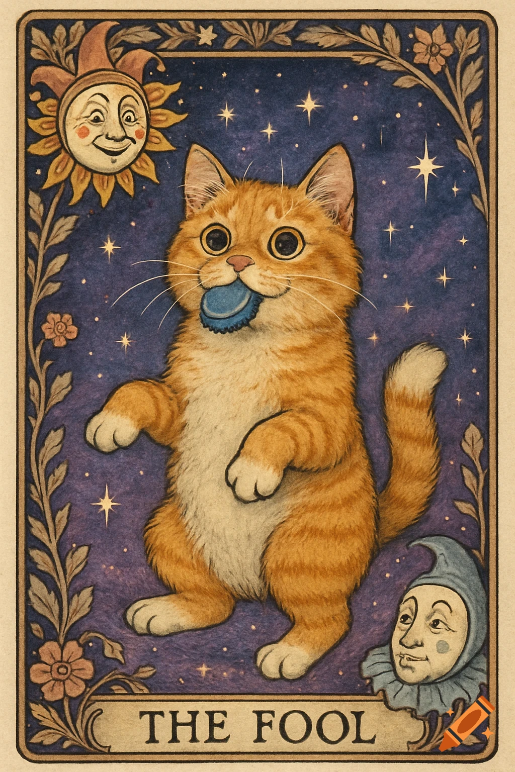 A whimsical tarot card illustration of an orange cat holding a blue bottle cap, with a sun clown and moon clown, against a starry background. Text reads 'THE FOOL'.