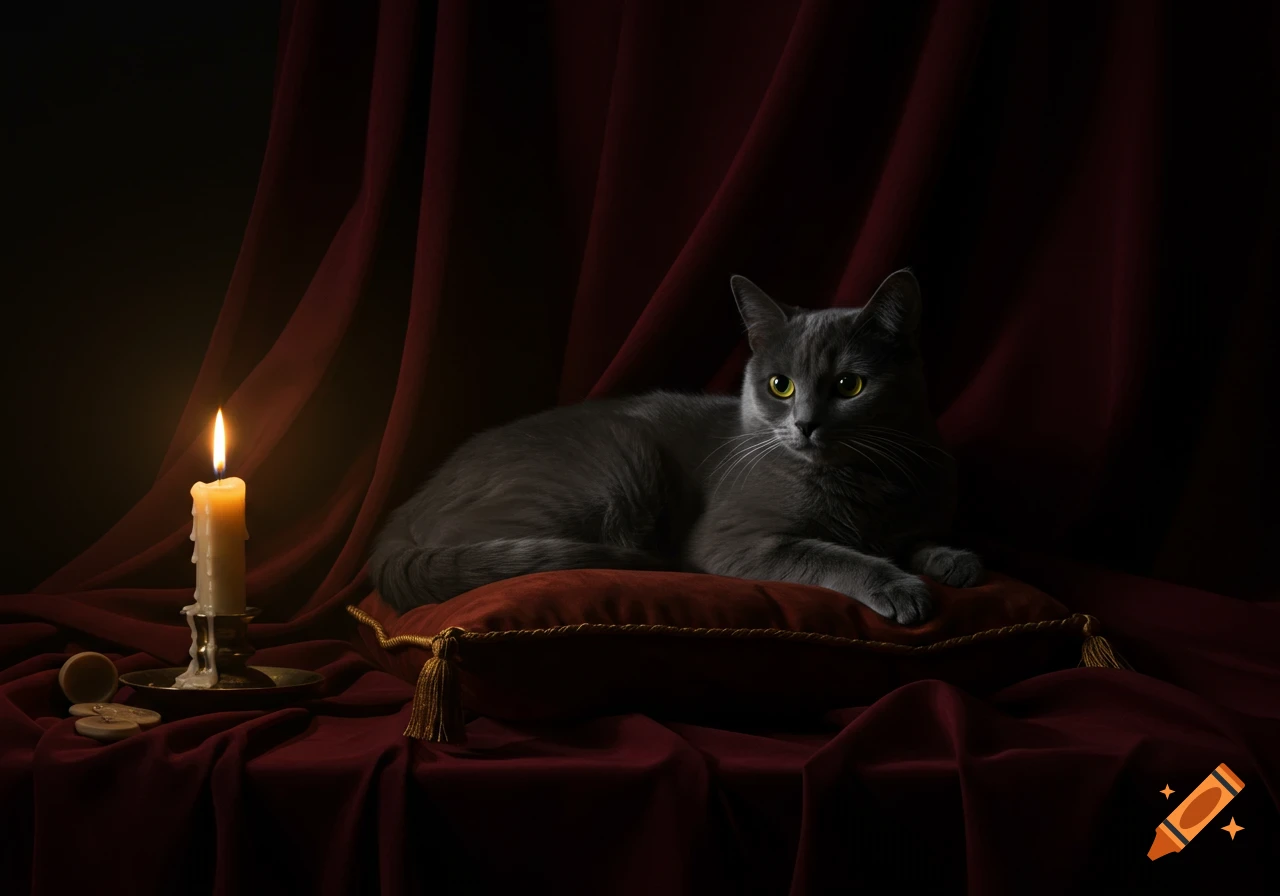 A dark gray cat with yellow eyes lies on a red velvet pillow next to a lit candle against a dark red draped background in a moody, photorealistic style.