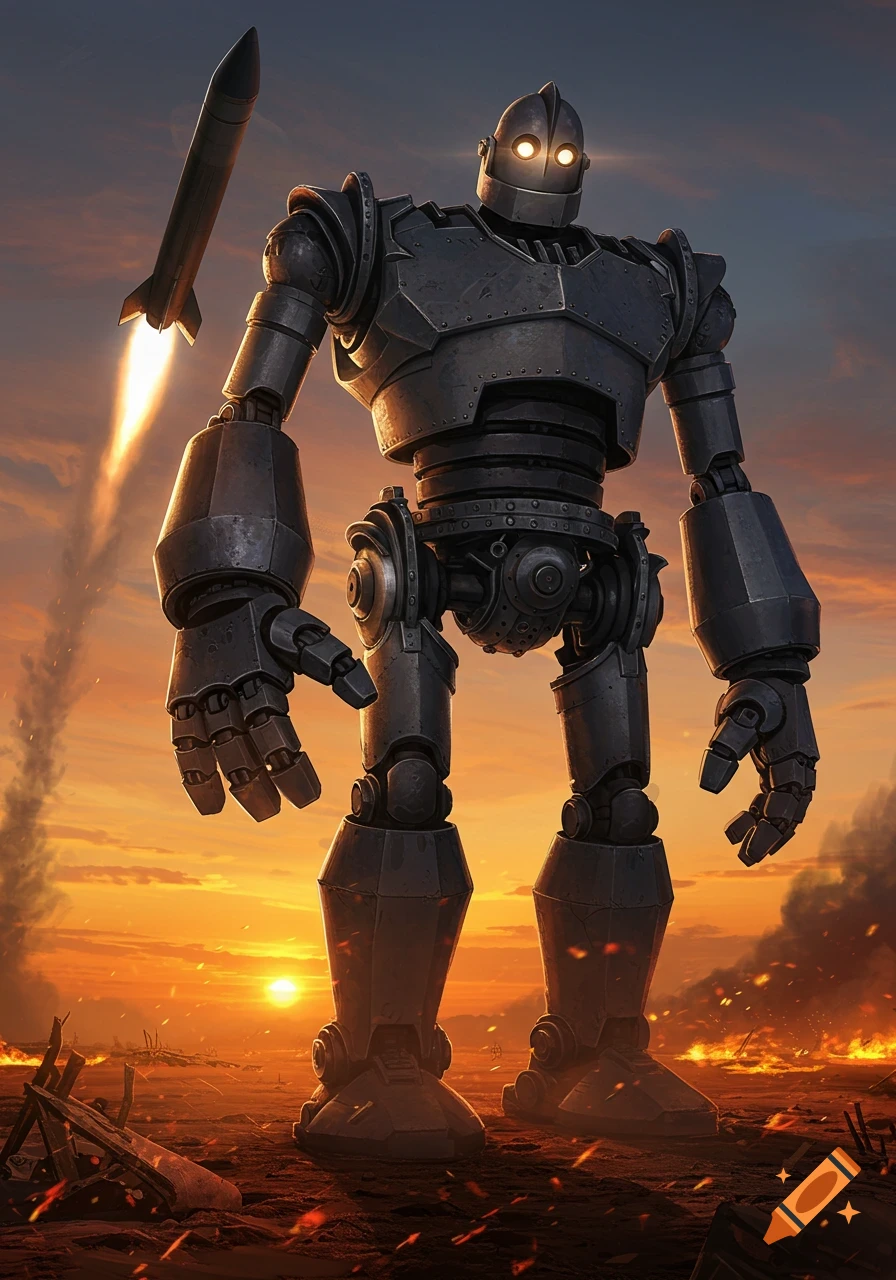 A massive Iron Giant-like robot stands in a fiery apocalyptic landscape at sunset, with a missile launching nearby.