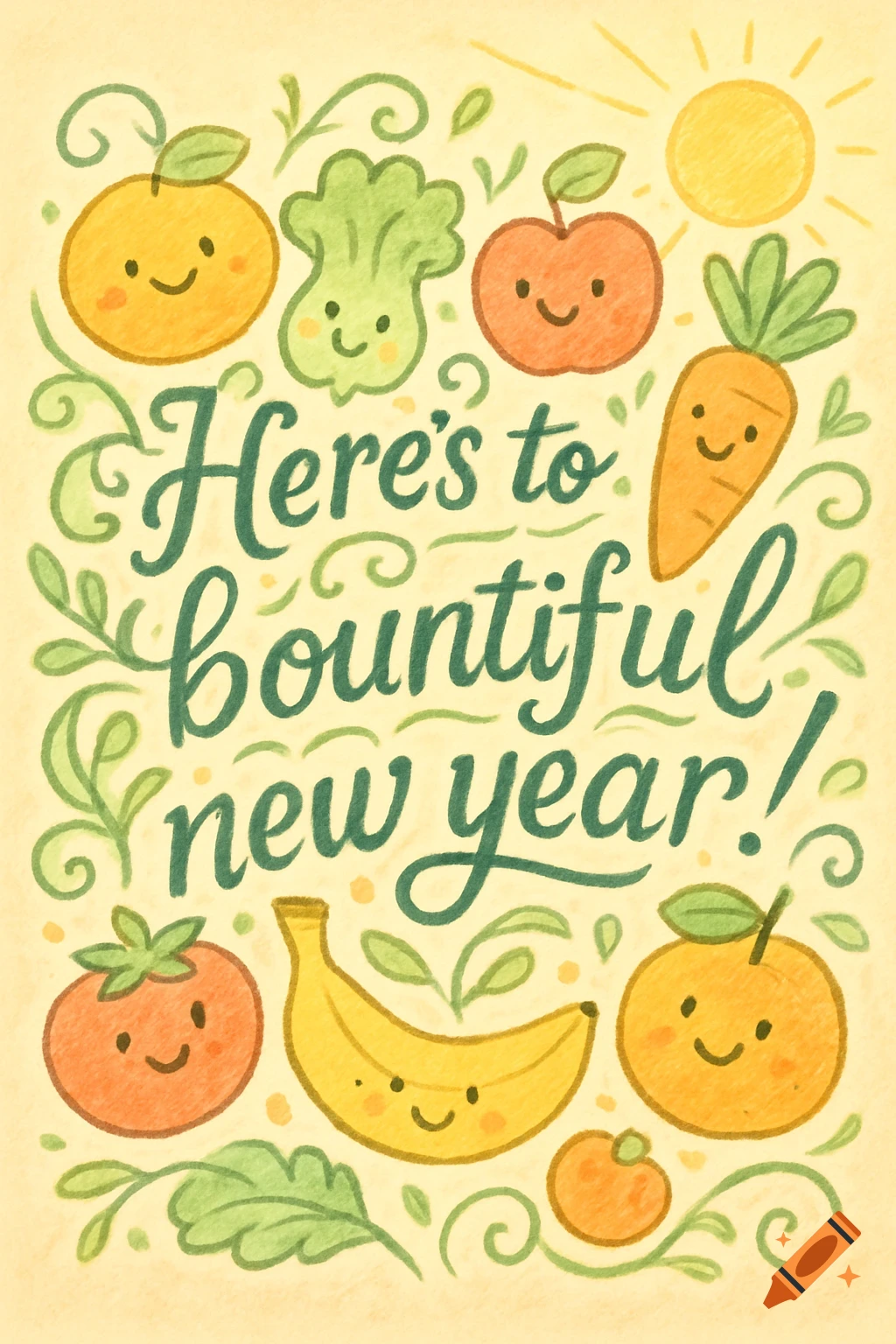 Doodle art illustration with smiling fruits and vegetables surrounding green text 'Here's to bountiful new year!' on a yellow background.