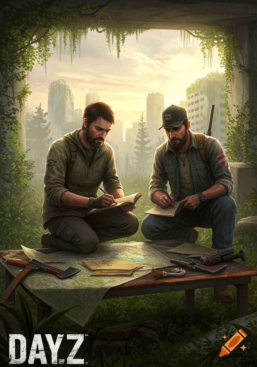 Two bearded men in a post-apocalyptic setting kneel by a table with maps and supplies, writing in notebooks.