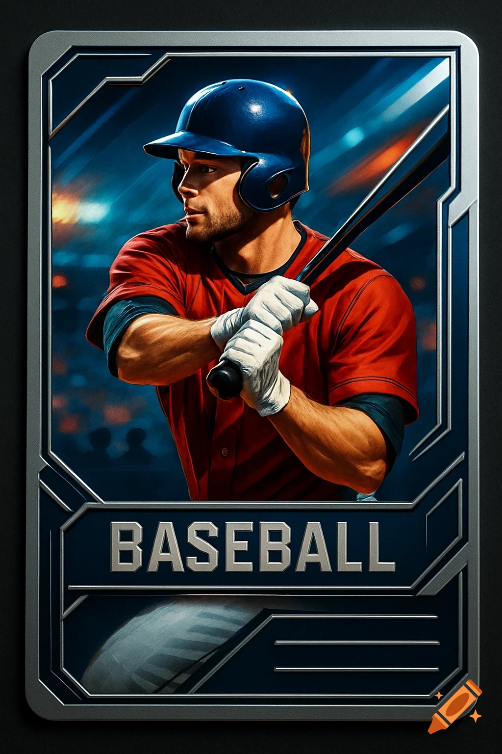 A baseball player in a red jersey and blue helmet holds a bat, depicted on a modern trading card with 'BASEBALL' text.