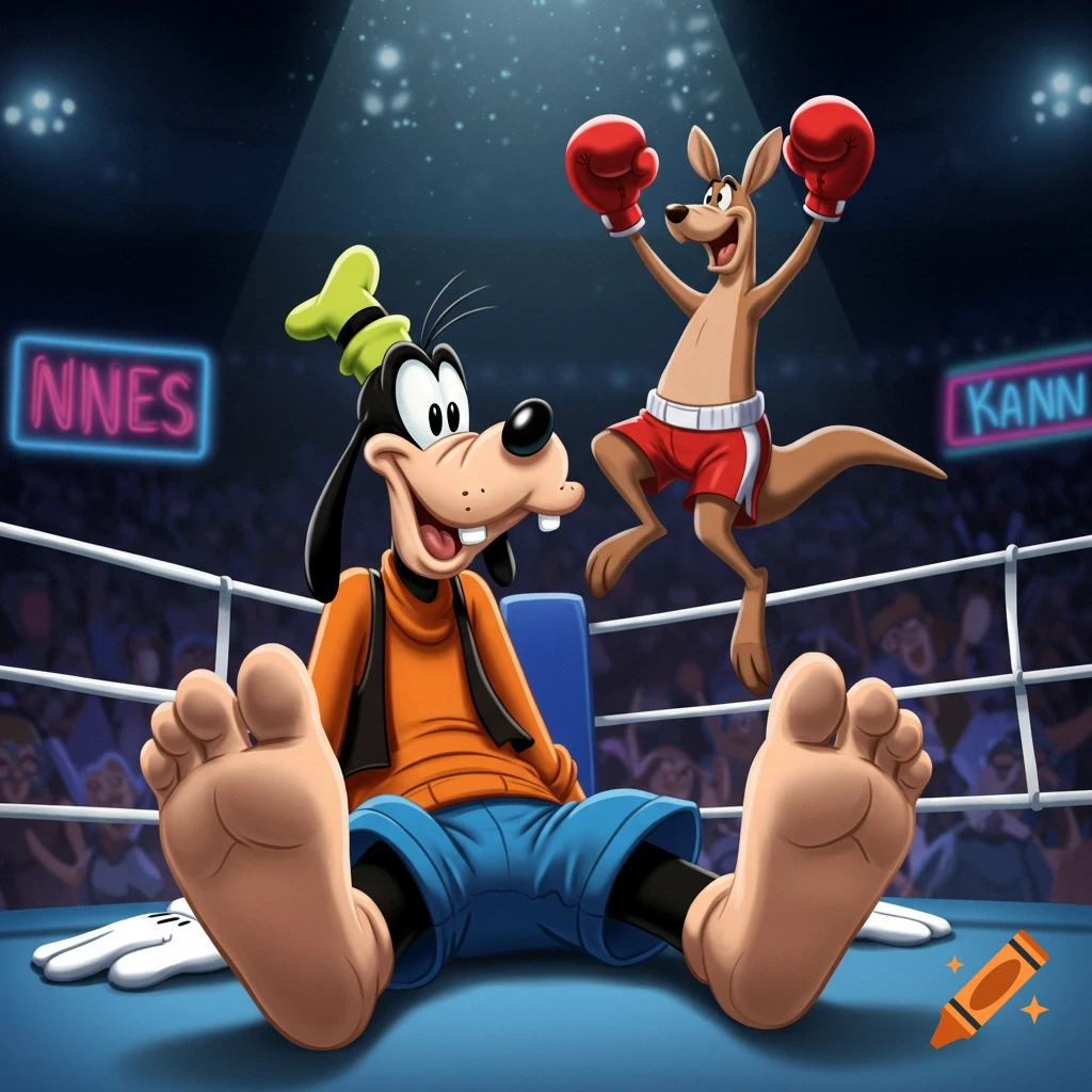 Cartoon of Goofy sitting with bare feet in a boxing ring, as a victorious kangaroo boxer jumps in the background.