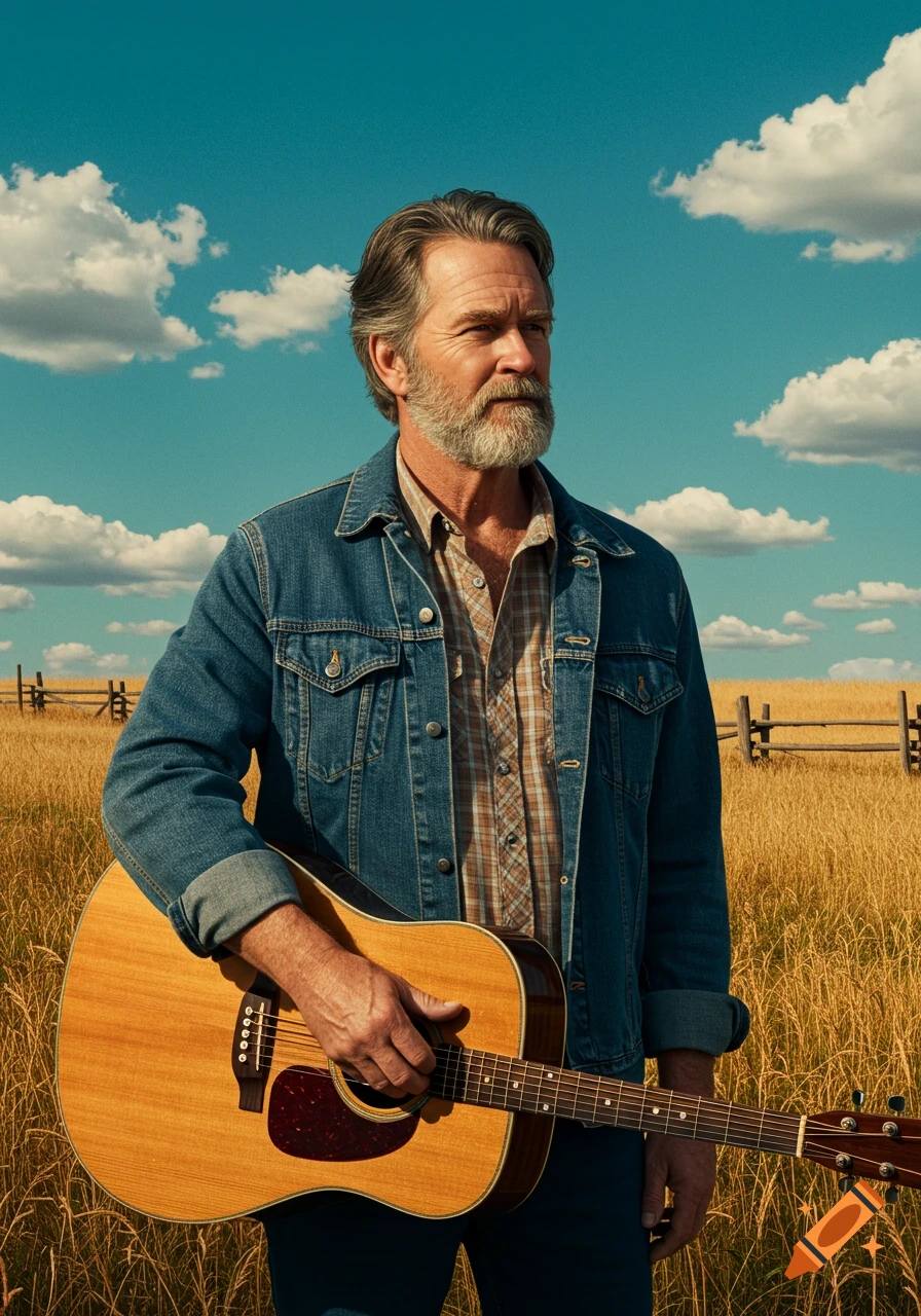 A rugged man with a beard and denim jacket stands in a golden field, holding an acoustic guitar under a blue sky.