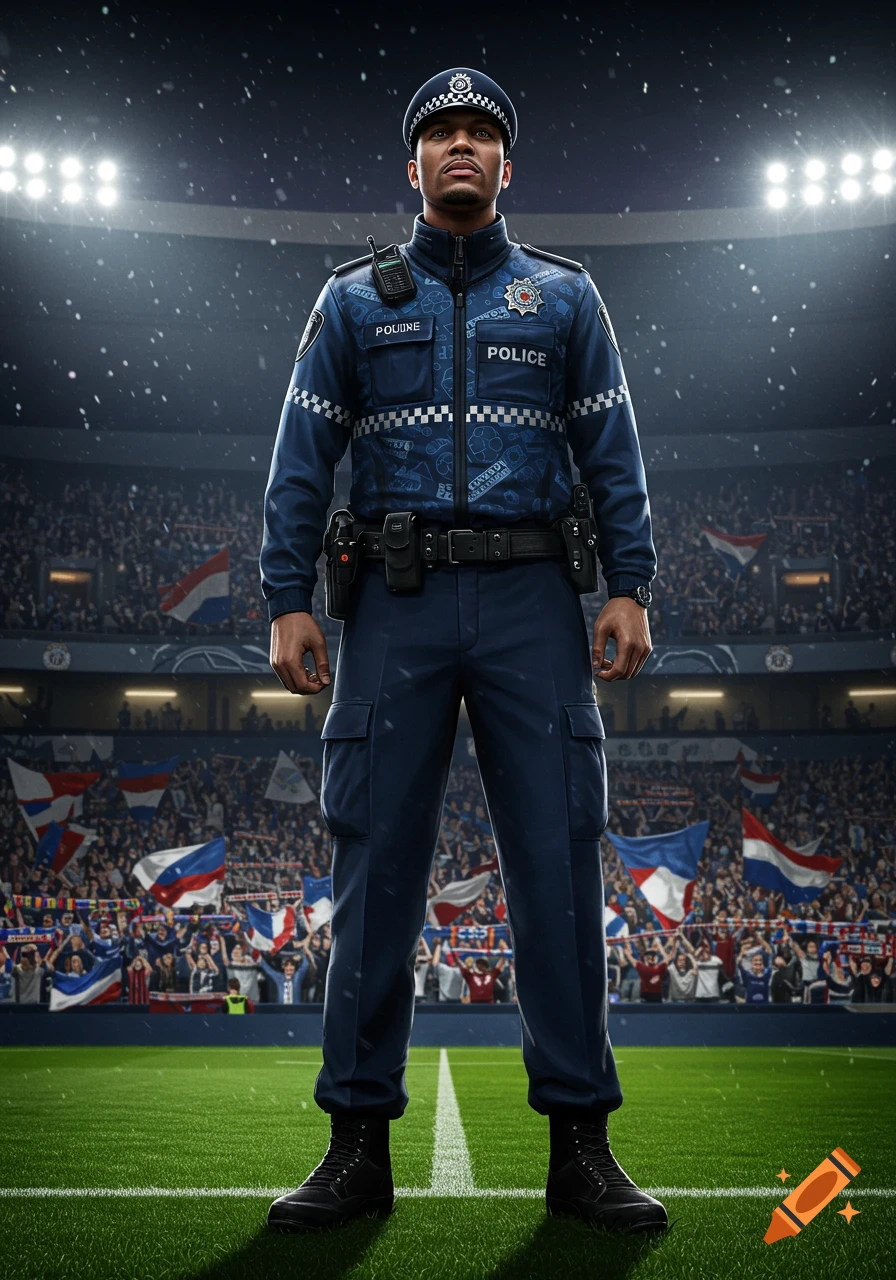 A photorealistic depiction of a police officer in uniform standing on a football field in a stadium, surrounded by a cheering crowd.
