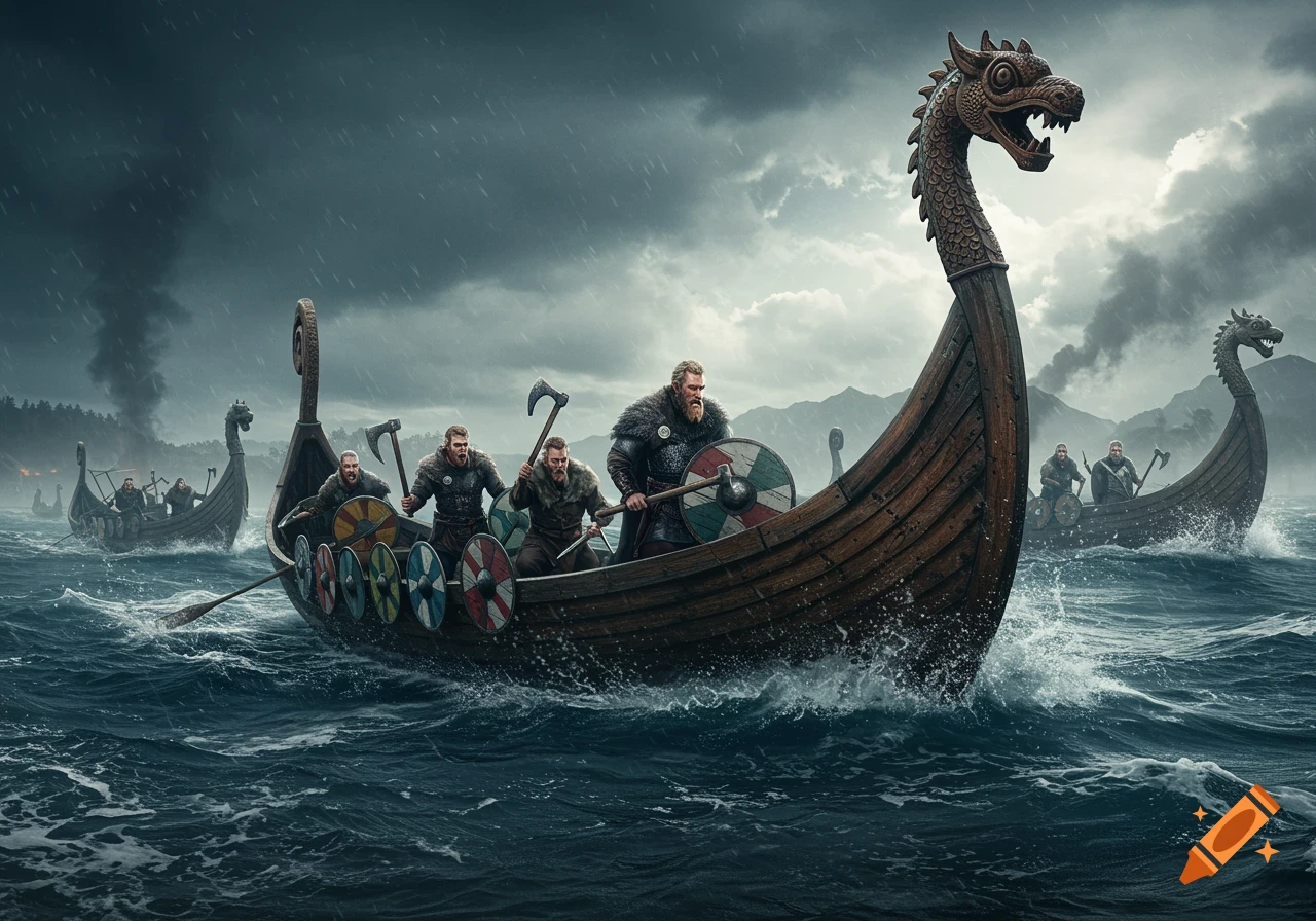 Photorealistic image of Viking longships with dragon prows navigating stormy seas under dark skies, with warriors in armor and shields.