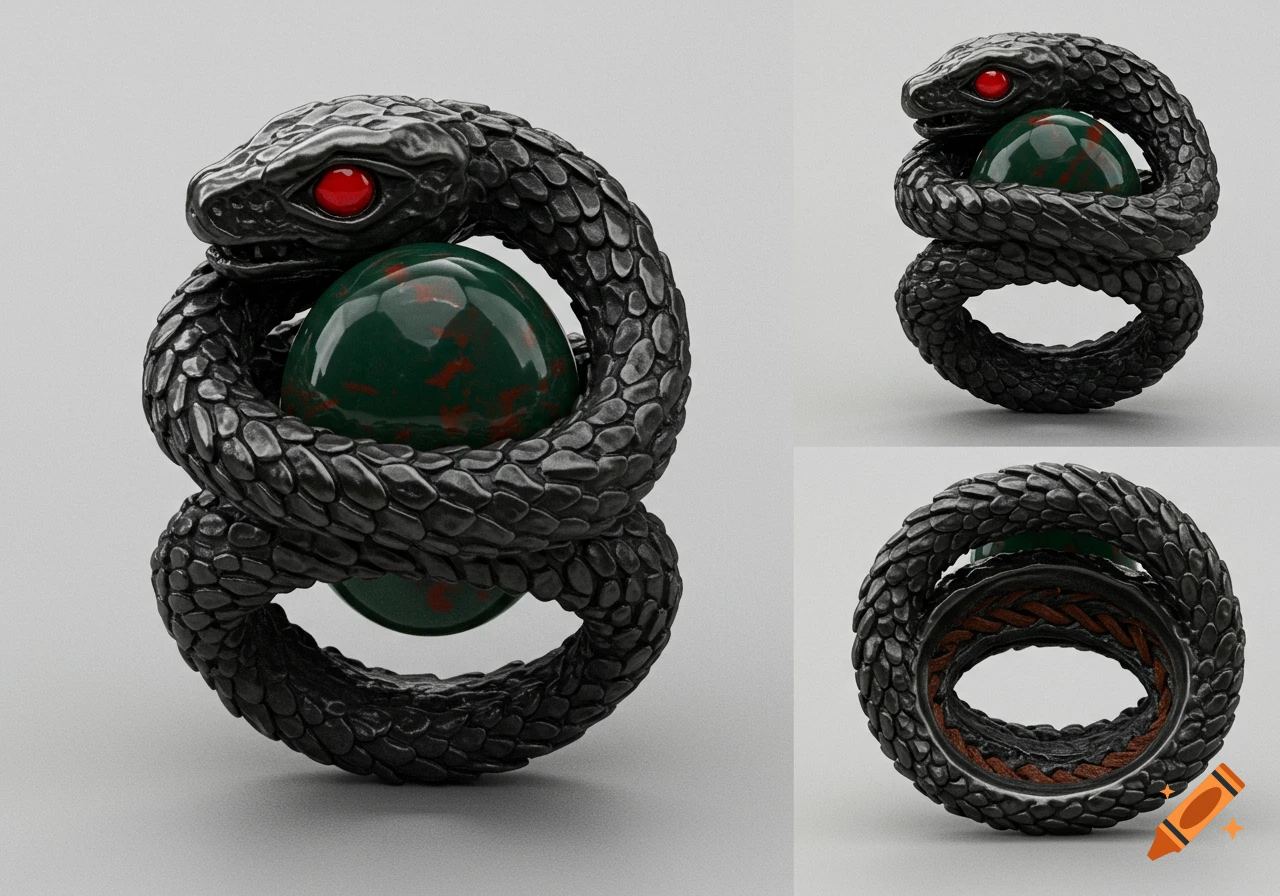 A dark metal ouroboros ring featuring a coiled snake with red eyes holding a green bloodstone cabochon, shown from multiple angles.