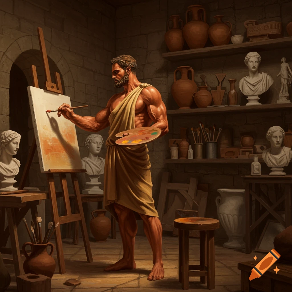 Muscular ancient Greek artist painting on an easel in a studio filled with classical busts and pottery.