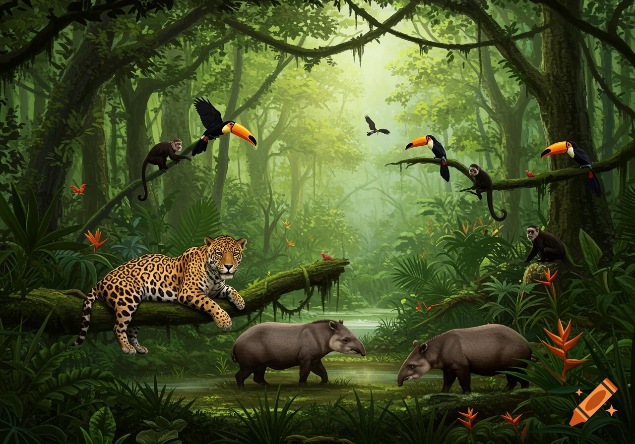 A vibrant illustration of a rainforest scene with a jaguar, monkeys, toucans, and tapirs amidst lush foliage.