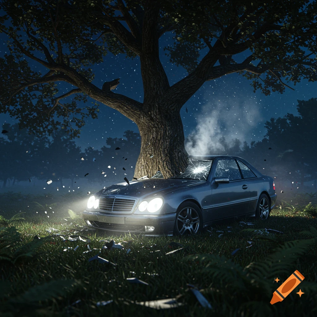 A photorealistic image of a grey Mercedes car crashed into a large tree in a dark forest at night, with debris scattered around.