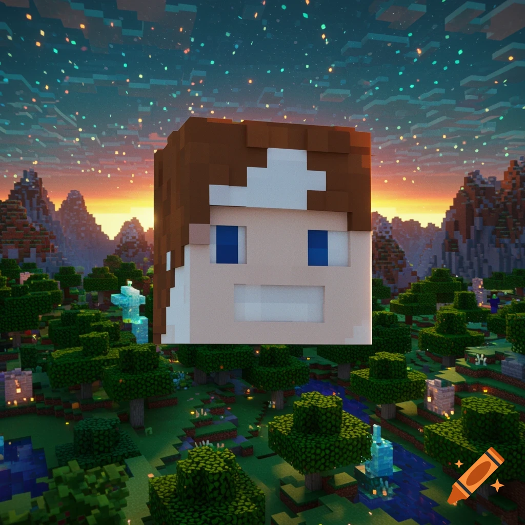 A large blocky Minecraft-style character head floats above a pixelated landscape with trees, mountains, and a sunset sky.