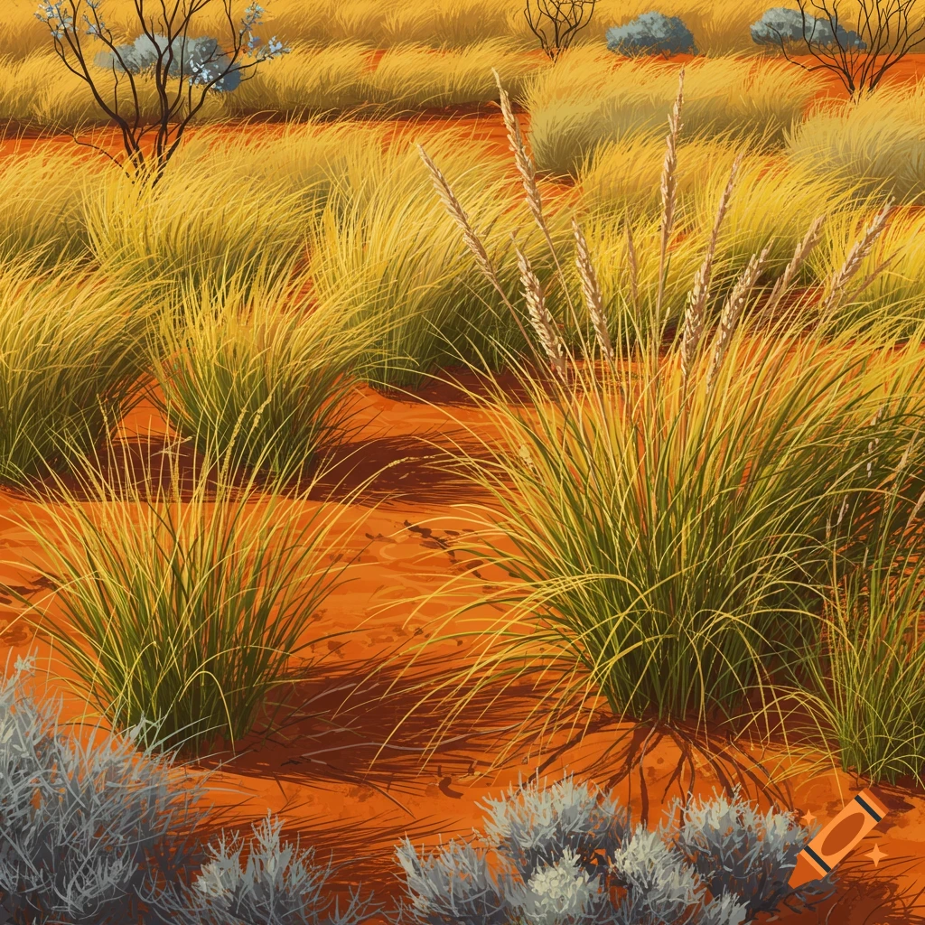 A vibrant digital painting of an Australian arid landscape with clumps of yellow-green native grasses on reddish-brown soil.