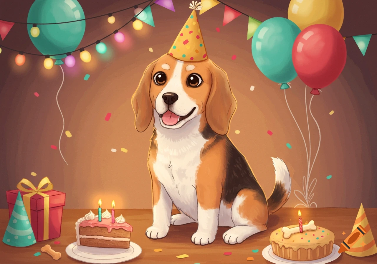 A cute beagle dog wearing a party hat sits at a table with birthday cakes, a gift, balloons, and confetti in a charming drawing style.