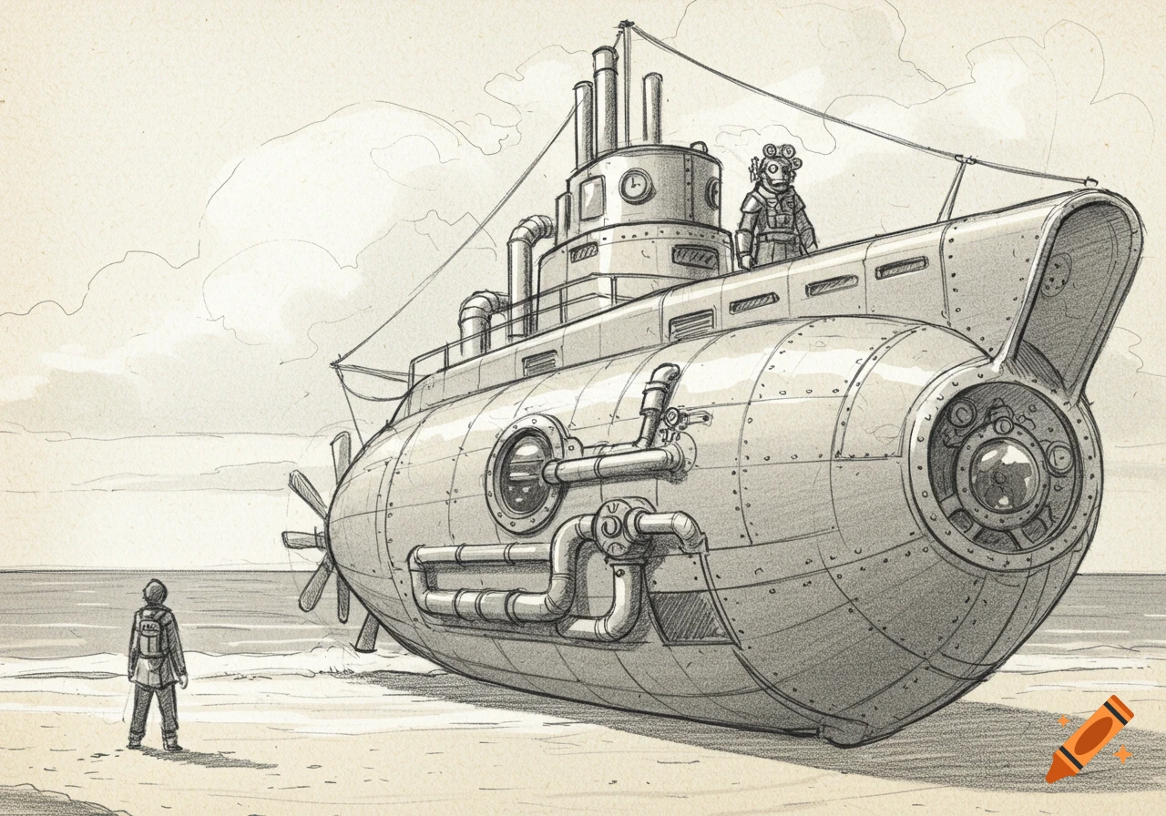 Rough pencil sketch of a steampunk submarine on a sandy beach. One character stands on the submarine, another on the beach looking at it.
