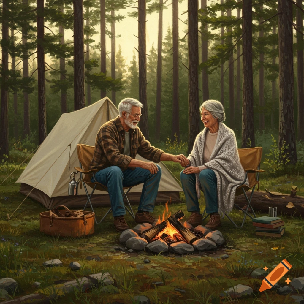 An elderly couple sits by a campfire, holding hands, in front of a tent in a lush forest.