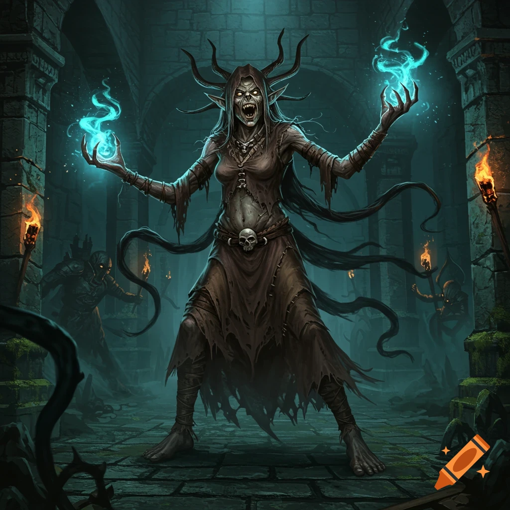 Horrifying Annis Hag creature casting a blue magic spell in a dark, torchlit dungeon.