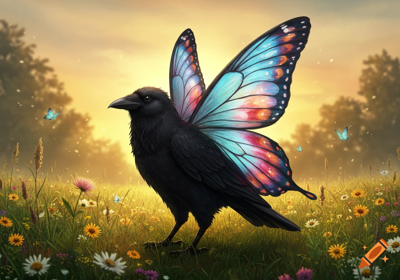 A black crow with large, colorful blue, pink, and orange butterfly wings stands in a sunlit meadow with wildflowers.