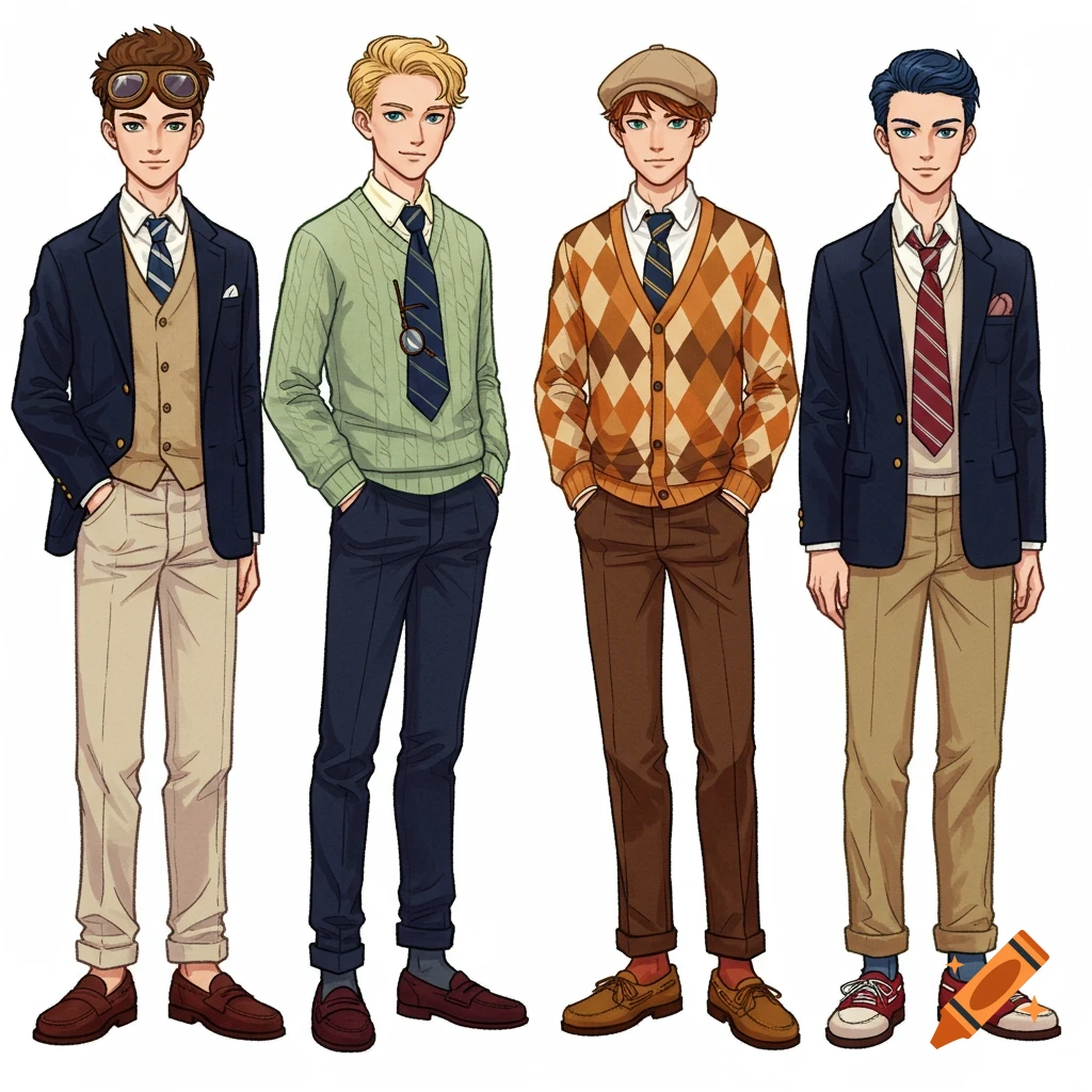 Four anime-style male characters in preppy outfits stand side-by-side on a white background, each with distinct hair and clothing.