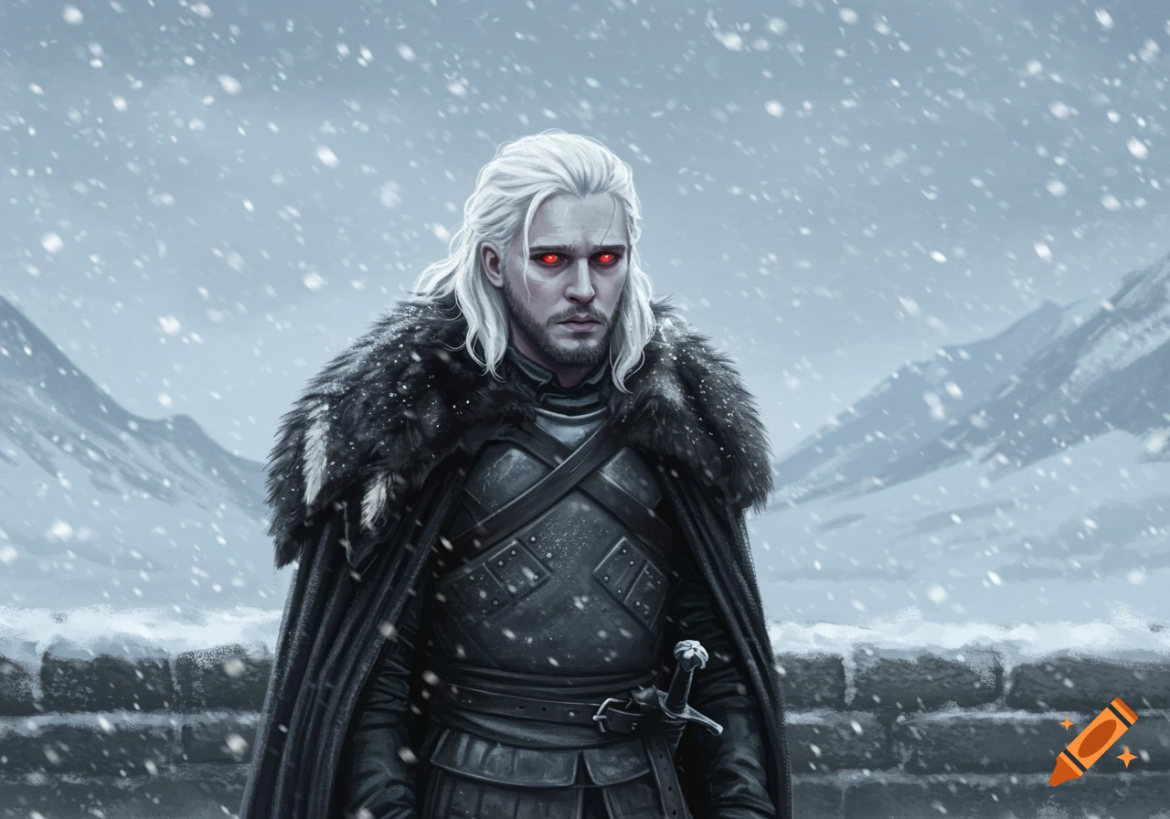 A man with white hair and glowing red eyes, dressed in dark armor and a fur cloak, stands in a snowy mountain landscape.