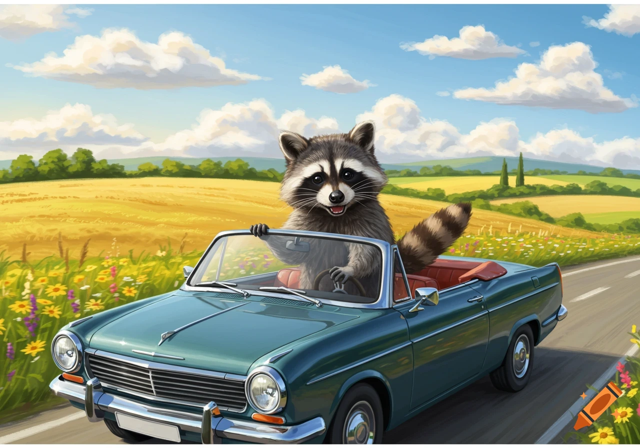 A charming illustration of a happy raccoon driving a teal convertible on a country road with fields and clouds.