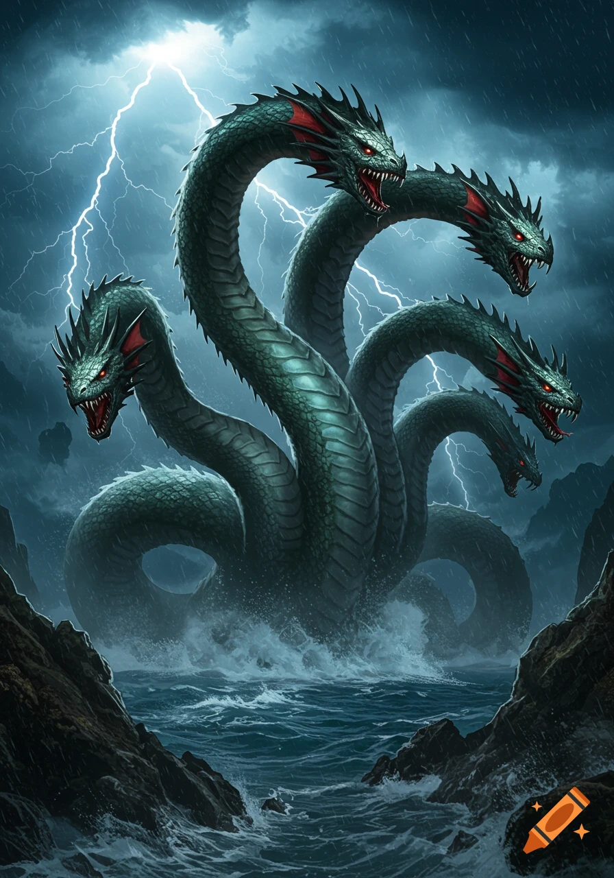 A multi-headed green hydra with red eyes emerges from a stormy, dark blue sea with lightning in the sky.