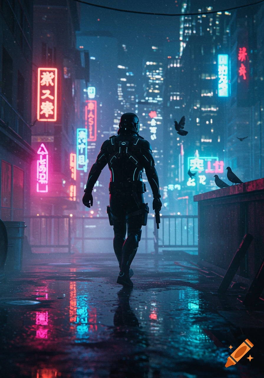 A person in a black futuristic suit walks through a neon-lit cyberpunk city street at night, with reflections on the wet ground.