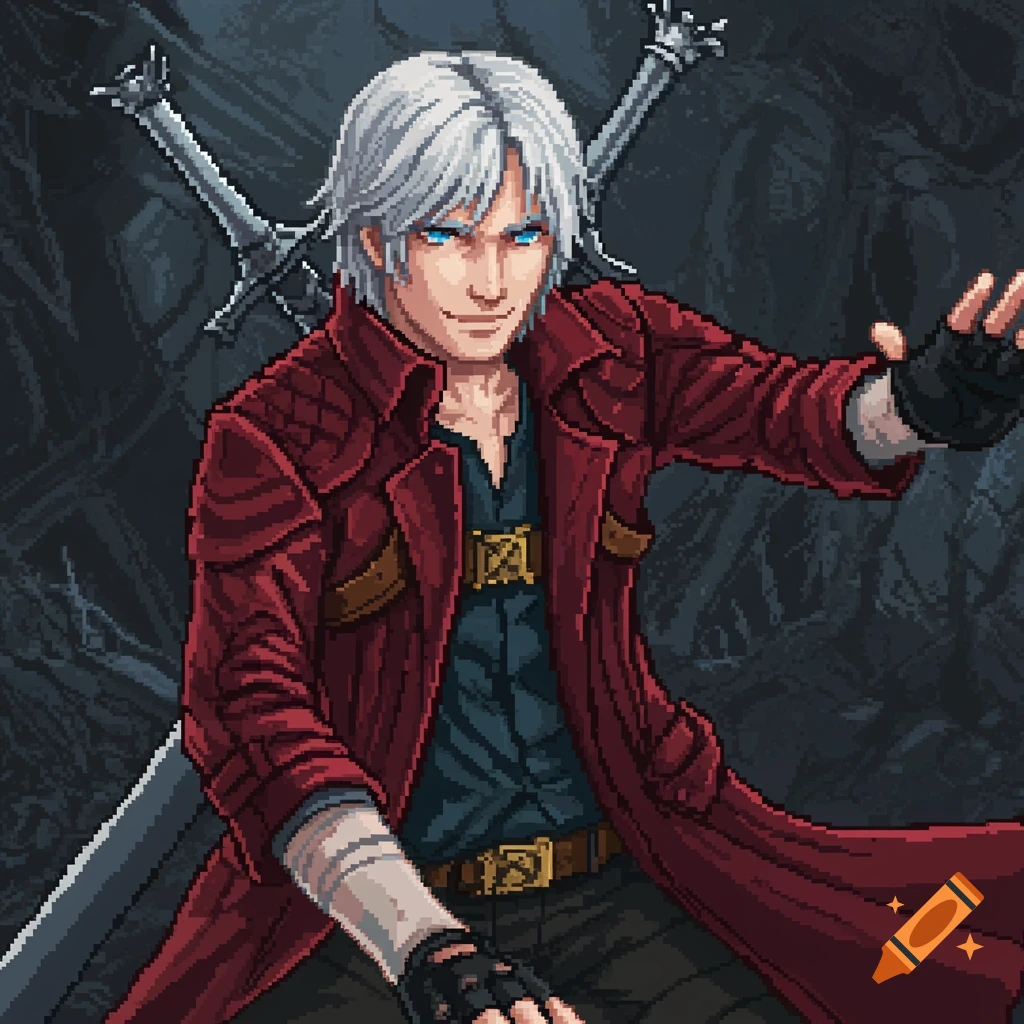Dante from Devil May Cry, a white-haired man in a red coat with swords, rendered in pixel art.
