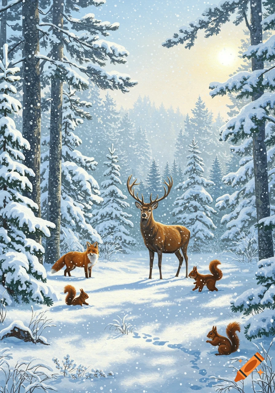 Illustrated snowy forest with a deer, fox, and squirrels under falling snow.
