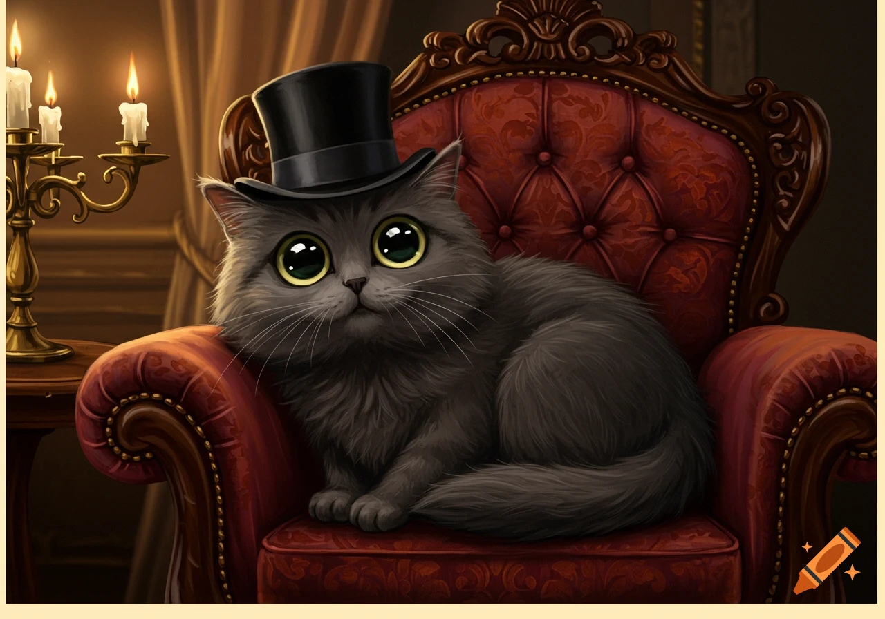 A fluffy grey cat with big green eyes and a black top hat sits on a red ornate armchair.