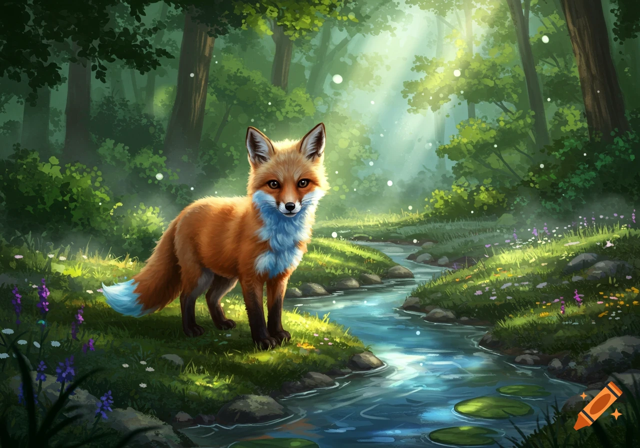A cute stylized red fox with blue fur on its chest and tail stands by a stream in a sunlit forest.