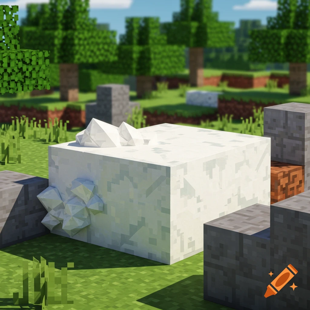 A large white block with crystals on a blocky, green landscape with trees, in a style resembling the video game Minecraft.