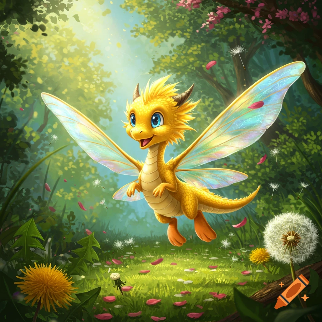 A cute yellow cartoon dragon with iridescent wings flies through a sunlit forest filled with dandelions and pink petals.
