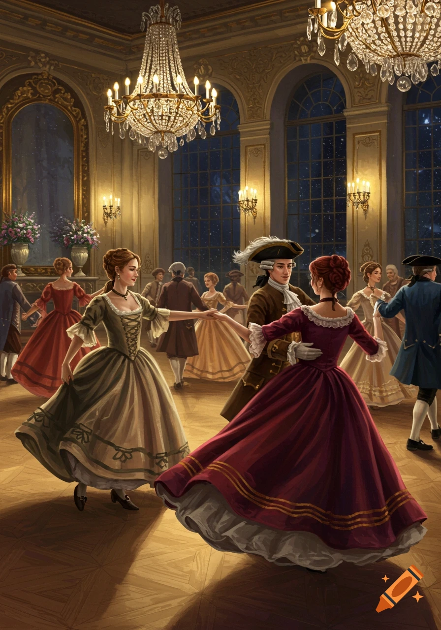 An elegant ballroom scene with couples dressed in 18th-century attire dancing under sparkling chandeliers.