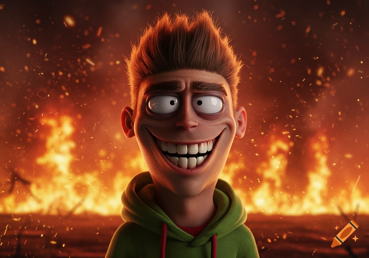 A hyperrealistic cartoon man with spiky hair and an eerie grin stands against a blurred background of a burning town.
