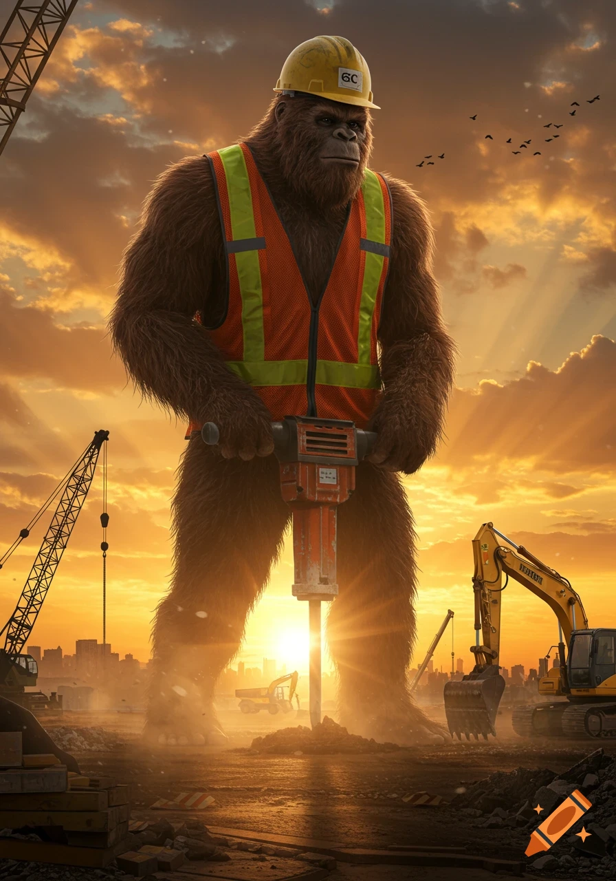 A giant furry Bigfoot-like creature in a yellow hard hat and orange safety vest operates a jackhammer on a photorealistic construction site at sunset.