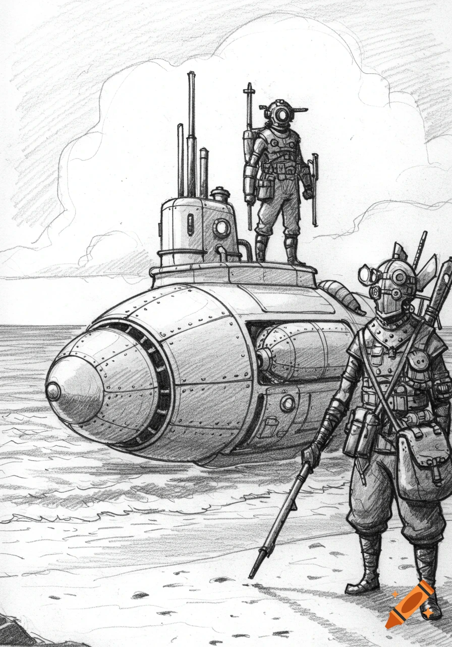 Pencil sketch of two steampunk-clad figures and a submarine on a sandy beach at the ocean's edge.