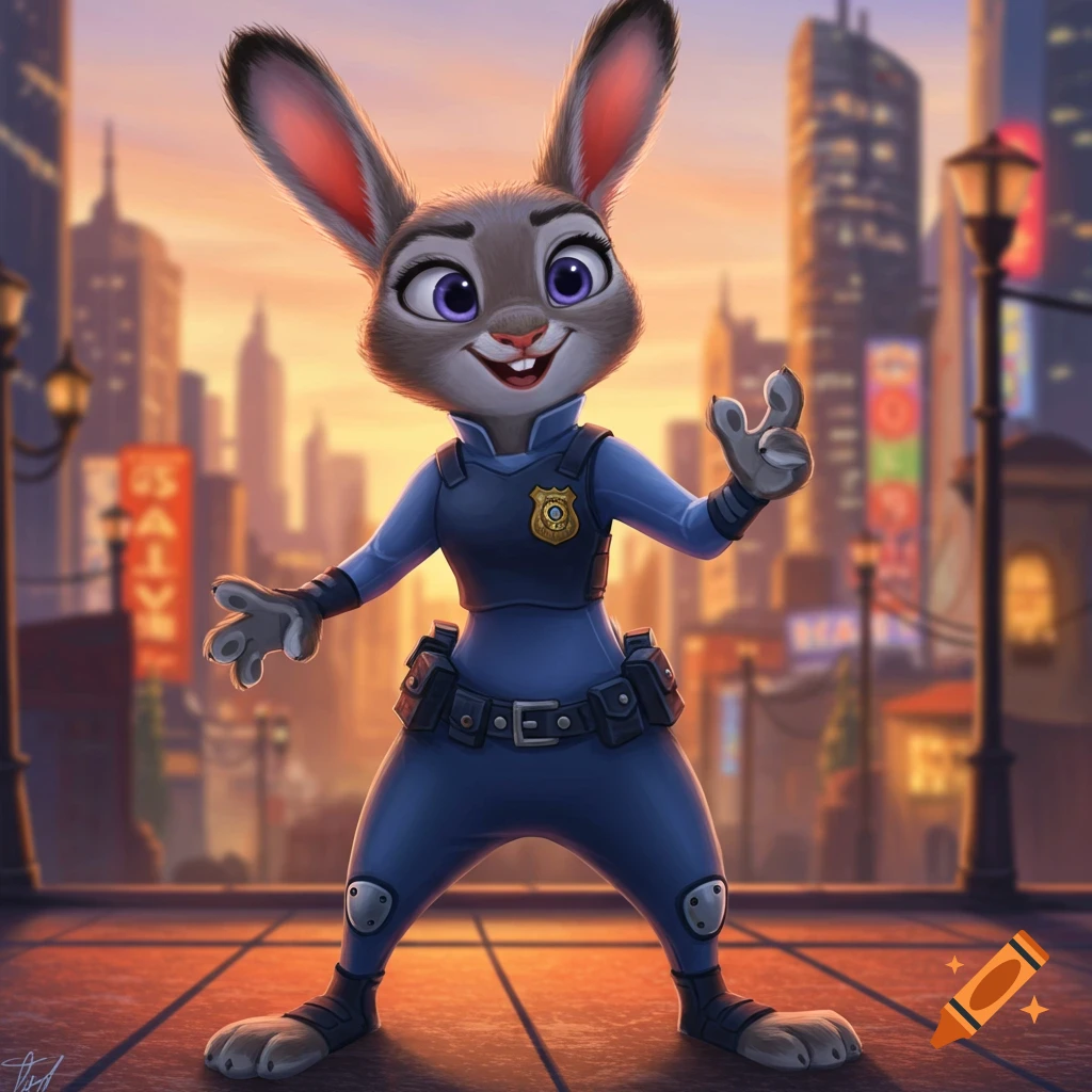 Judy Hopps in her police uniform standing confidently in a city street at sunset, against a backdrop of skyscrapers.