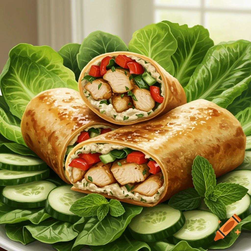 Two chicken wraps cut open, showing chicken and vegetables, on a bed of lettuce with cucumber slices and mint sprigs.