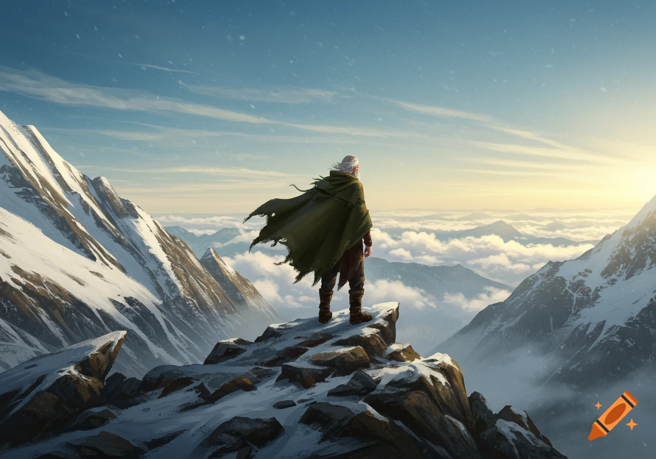 A white-haired man in a torn green cape stands on a snowy mountain peak, looking out over a vast cloud-filled valley at sunset.