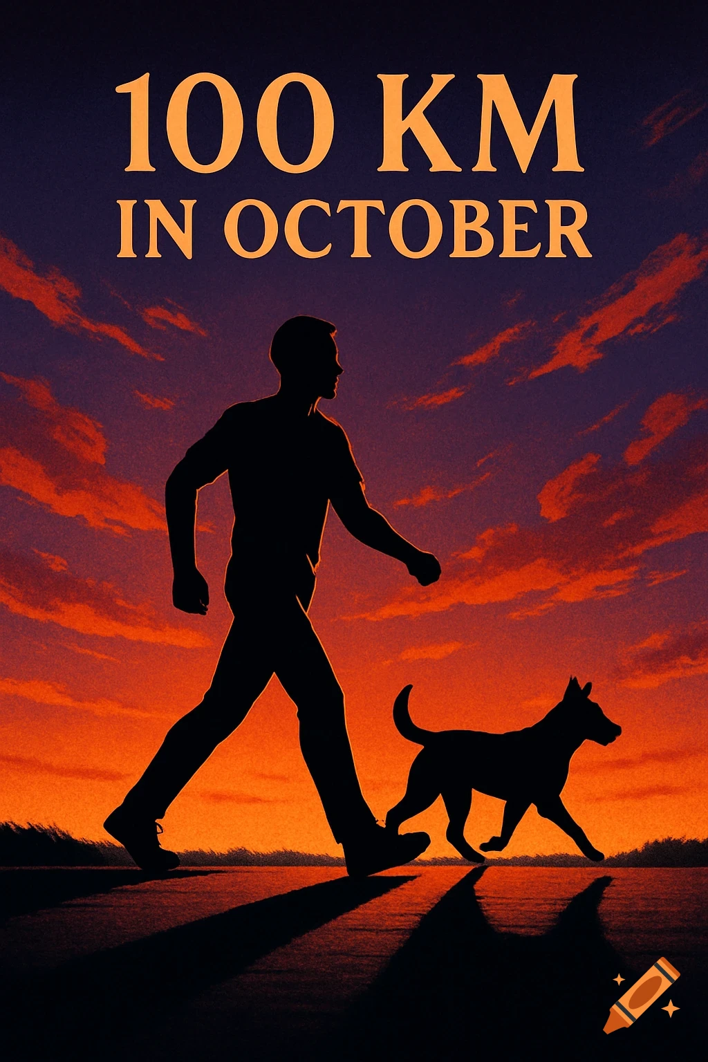 Silhouette of a man walking a dog against a vibrant orange and purple sunset, with '100 KM IN OCTOBER' text above.