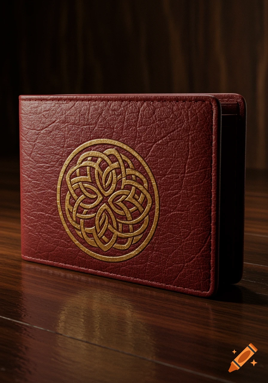 A red leather wallet featuring a gold Celtic knot design rests on a polished wooden surface.