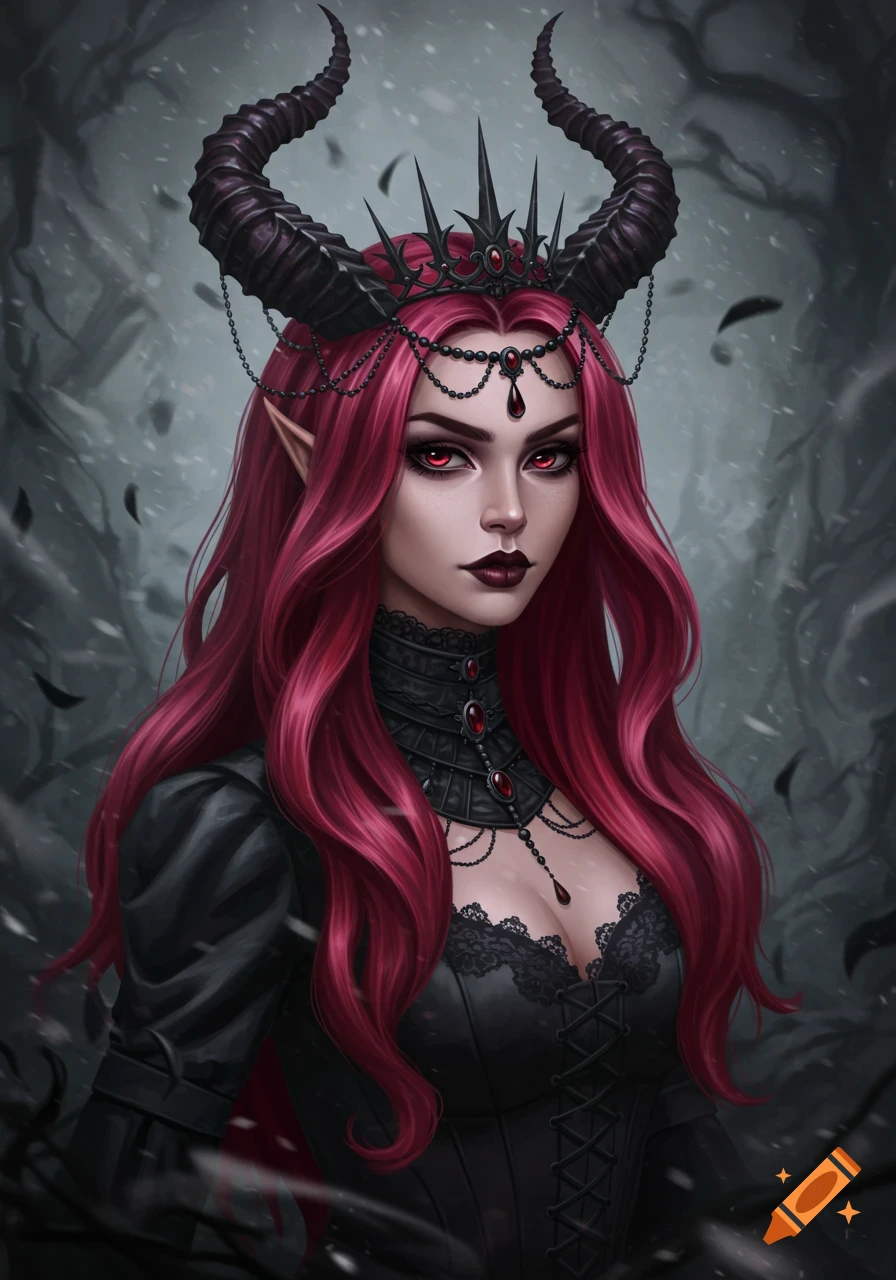 A digital illustration of a goth girl with long red hair, dark horns, and a spiked crown, featuring piercing red eyes and a black laced dress.
