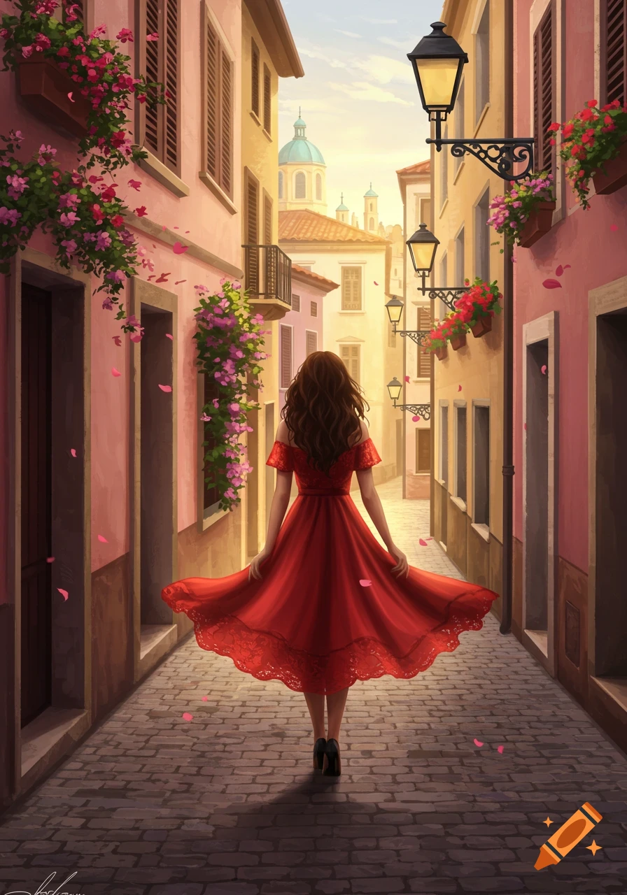 A woman in a flowing red dress walks down a charming, flower-lined European street at sunset with scattered petals.