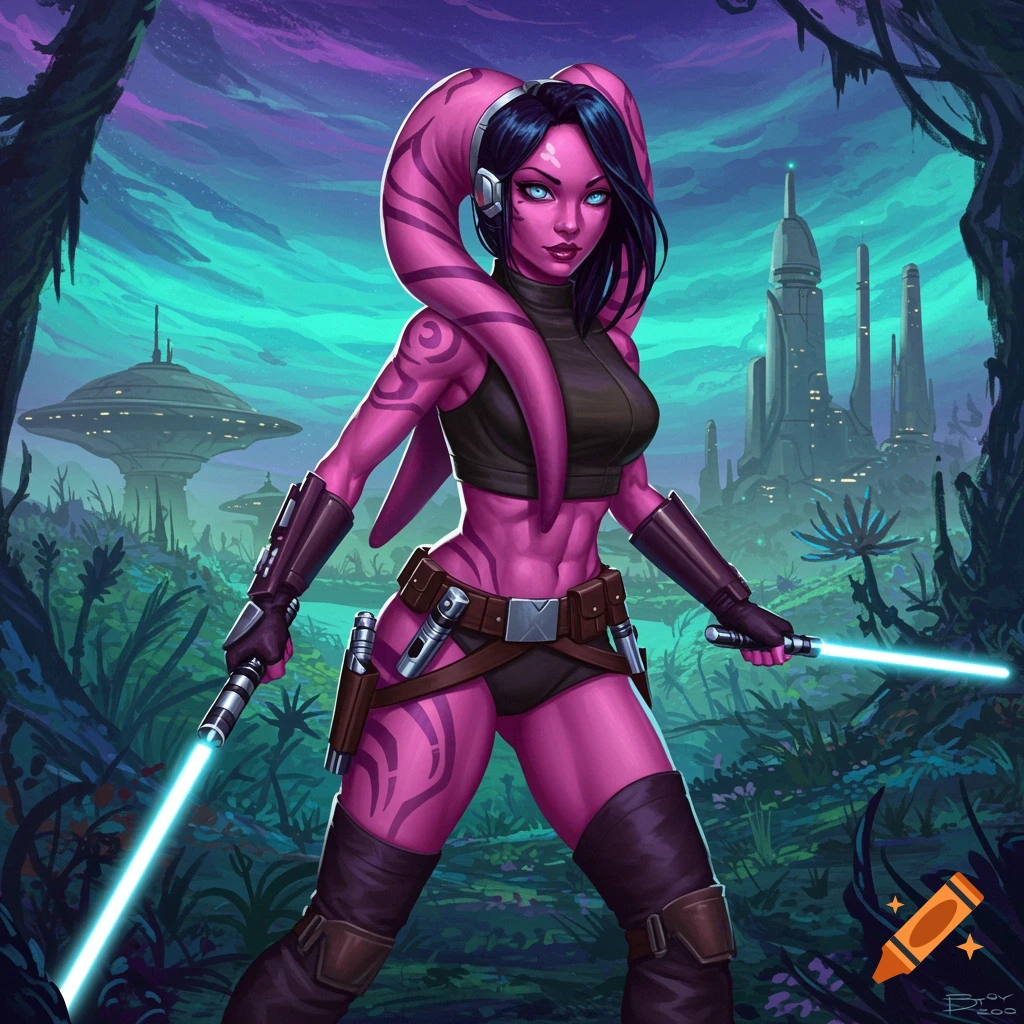 A vibrant digital painting of a pink-skinned Twi'lek woman with blue eyes and black hair, holding two lightsabers in a lush alien landscape with futuristic buildings.